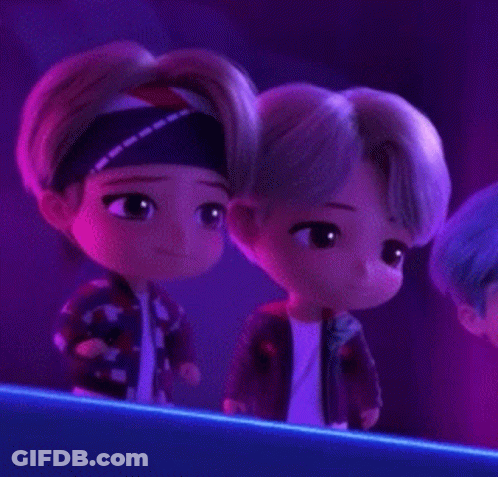 A Couple Of Dolls Are Standing Next To Each Other In A Room With Purple Lights . GIF