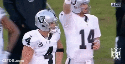 A Couple Of Football Players Standing Next To Each Other On A Field . One Of The Players Has The Number 14 On His Jersey GIF