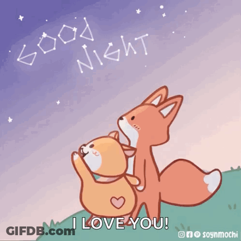 A Couple Of Foxes Hugging Each Other Under A Starry Sky With The Words I Love You GIF