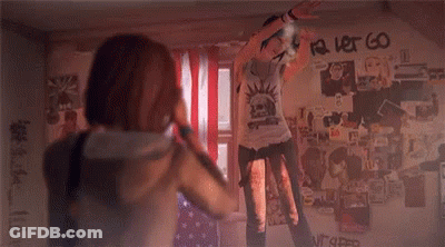 A Couple Of Girls Are Standing Next To Each Other In A Room . GIF