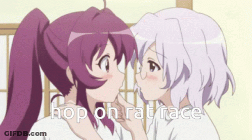 A Couple Of Girls Kissing With The Words Hop On Rat Race Below Them GIF