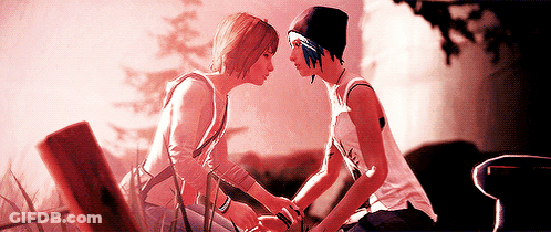 A Couple Of Girls Looking At Each Other With A Red Background GIF