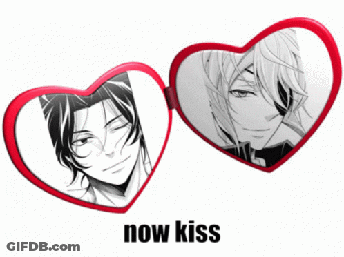 A Couple Of Heart Shaped Mirrors With The Words Now Kiss On The Bottom GIF