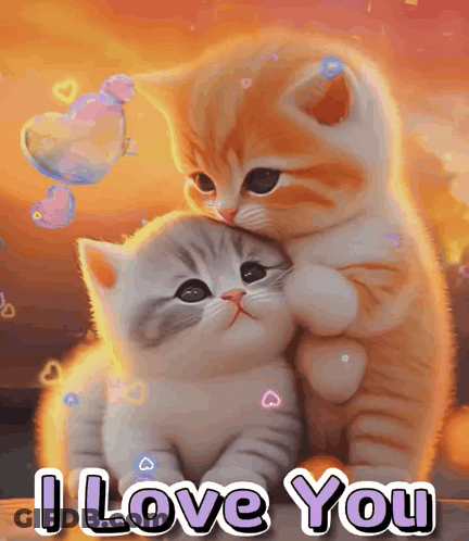 A Couple Of Kittens Hugging Each Other With The Words " I Love You " Above Them GIF