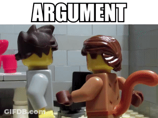 A Couple Of Lego Figures Standing Next To Each Other With The Words Argument Above Them GIF