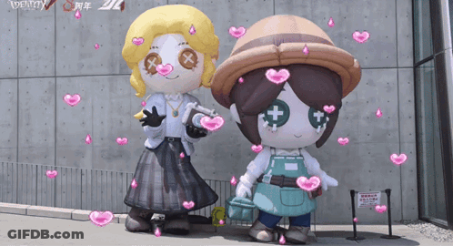 A Couple Of Mascots Are Standing Next To Each Other With Hearts Around Them And The Word Identity In The Background GIF