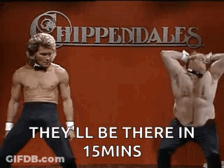 A Couple Of Men Are Dancing In Front Of A Sign That Says They 'Ll Be There In 15 Minutes . GIF