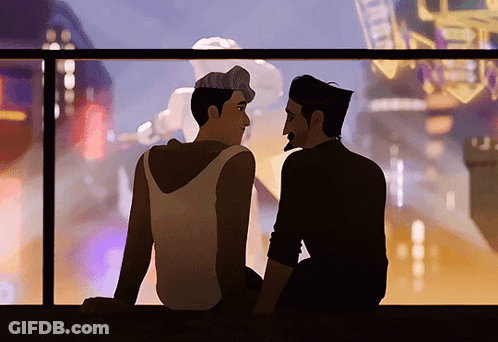 A Couple Of Men Are Sitting On A Balcony And Looking At Each Other GIF