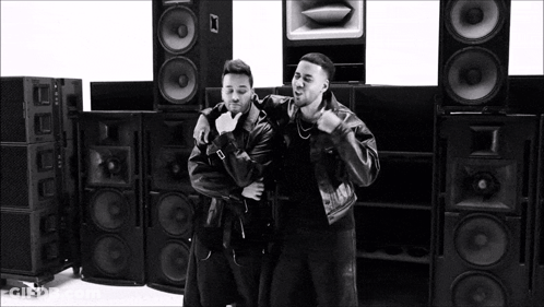 A Couple Of Men Are Standing Next To Each Other In Front Of A Stack Of Speakers . GIF