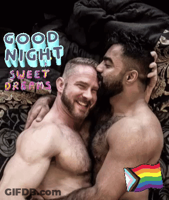 A Couple Of Men Hugging Each Other With The Words Good Night Sweet Dreams Behind Them GIF
