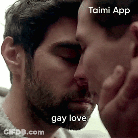 A Couple Of Men Kissing With The Words Gay Love On The Bottom Right GIF