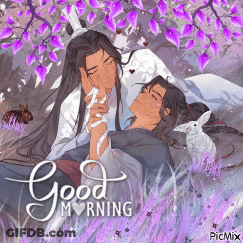 A Couple Of Men Laying In A Field With The Words Good Morning On The Bottom GIF