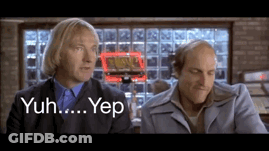 A Couple Of Men Sitting Next To Each Other With Yuh Yep Written On The Bottom GIF