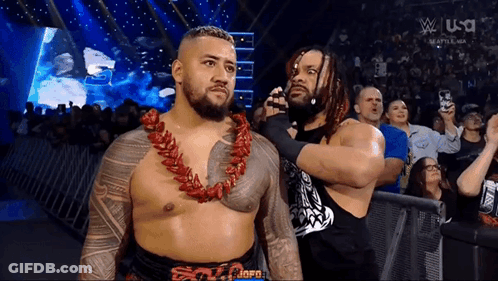 A Couple Of Men Standing Next To Each Other In A Wrestling Ring . One Of The Men Is Wearing A Lei . GIF