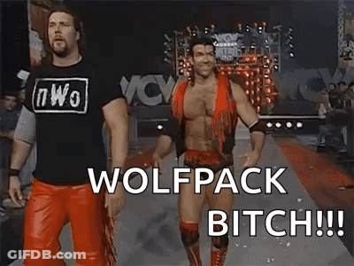 A Couple Of Men Standing Next To Each Other On A Red Carpet With The Words `` Wolfpack Bitch '' Written On It . GIF