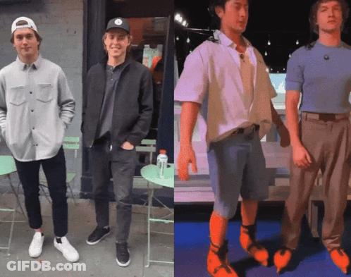 A Couple Of Men Standing Next To Each Other With One Wearing A Black Hat GIF