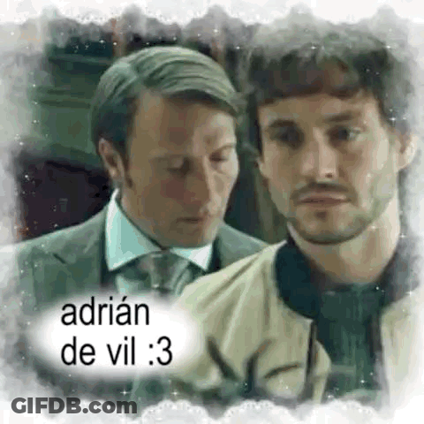 A Couple Of Men Standing Next To Each Other With The Words Adrian De Vil : 3 On The Bottom . GIF