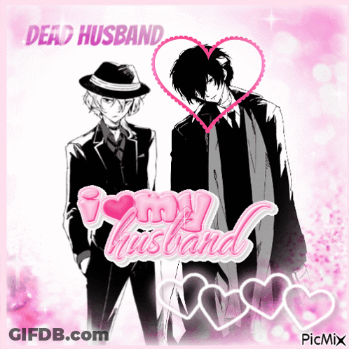 A Couple Of Men Standing Next To Each Other With The Words Dead Husband I Love My Husband On The Bottom GIF