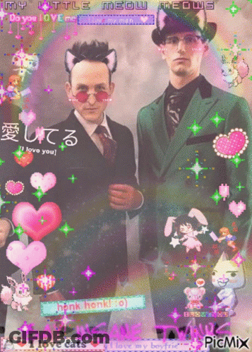 A Couple Of Men Standing Next To Each Other With The Words My Little Meow Meows GIF