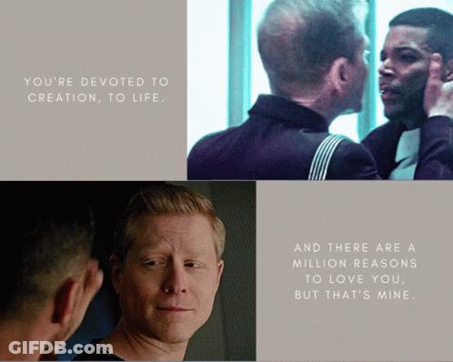 A Couple Of Men Standing Next To Each Other With The Words You 'Re Devoted To Creation To Life GIF