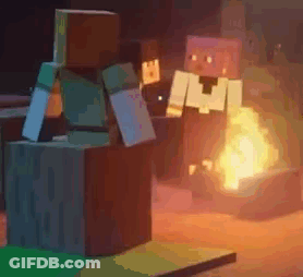 A Couple Of Minecraft Characters Are Standing Next To A Fire . GIF