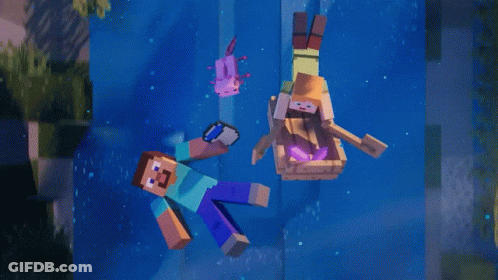 A Couple Of Minecraft Characters With A Pink Axolotl Floating In The Background GIF