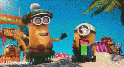 A Couple Of Minions Are Standing In Front Of A Banana Bar GIF