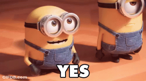 A Couple Of Minions Standing Next To Each Other With The Word Yes In The Middle GIF
