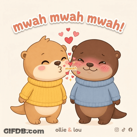 A Couple Of Otters Kissing With The Words Mwah Mwah Mwah GIF