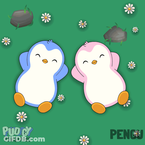 A Couple Of Penguins Are Sitting In A Field With The Words Pudgy Penguins GIF
