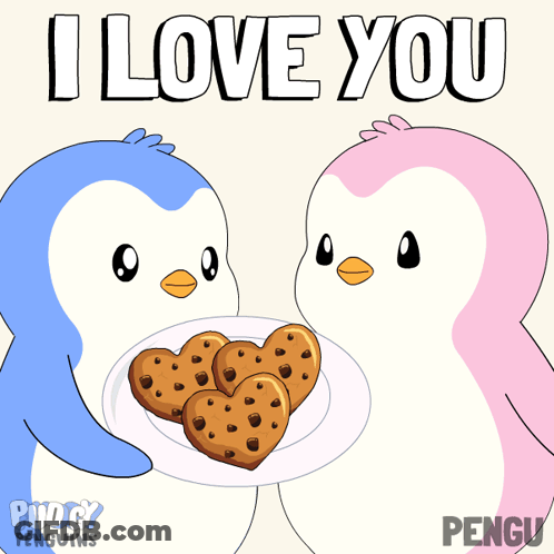 A Couple Of Penguins Holding A Plate Of Heart Shaped Cookies With The Words I Love You Behind Them GIF