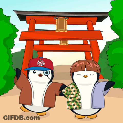 A Couple Of Penguins Holding Hands In Front Of A Torii Gate GIF