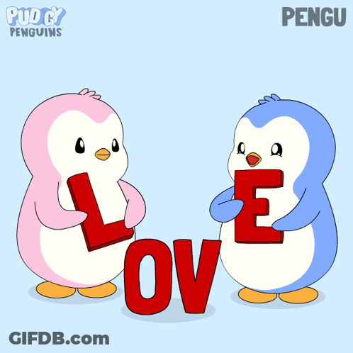 A Couple Of Penguins Holding Letters That Spell Love GIF
