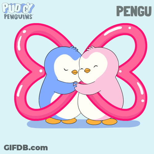 A Couple Of Penguins Hugging Each Other In Front Of A Number 8 GIF