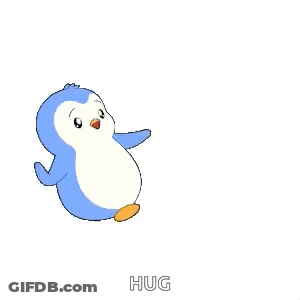 A Couple Of Penguins Hugging Each Other With A Red Heart In The Background . GIF