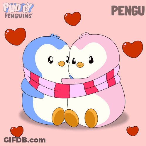 A Couple Of Penguins Hugging Each Other With The Word Pengu On The Bottom Right GIF