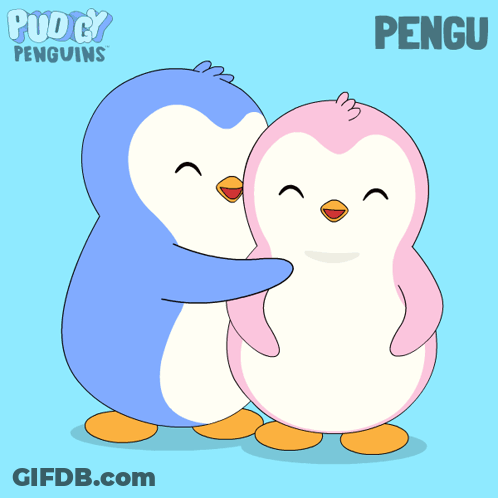 A Couple Of Penguins Hugging Each Other With The Word Penguins Behind Them GIF