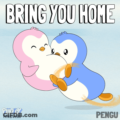 A Couple Of Penguins Hugging Each Other With The Words Bring You Home Behind Them GIF