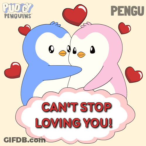 A Couple Of Penguins Hugging Each Other With The Words Can 'T Stop Loving You GIF