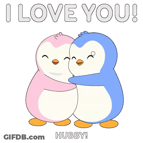 A Couple Of Penguins Hugging Each Other With The Words I Love You Hubby Below Them GIF