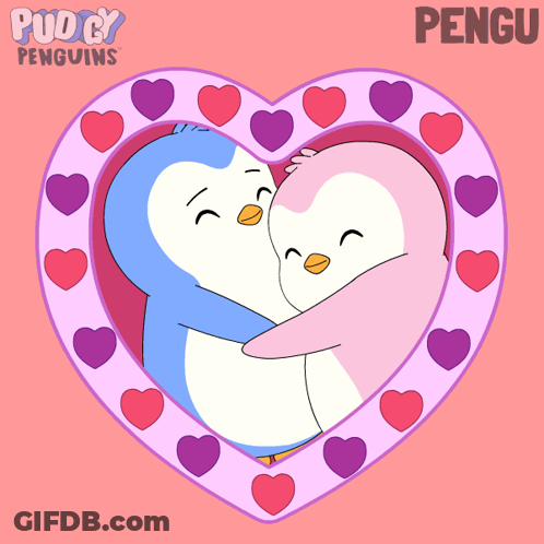 A Couple Of Penguins Hugging In A Heart Shaped Frame With The Word Pengu On The Bottom GIF