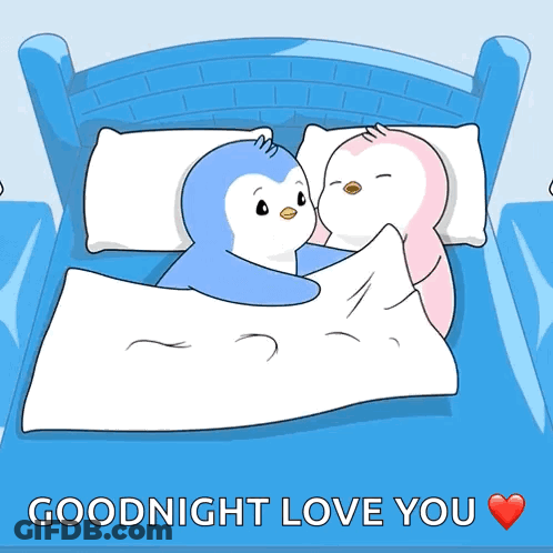 A Couple Of Penguins Laying On A Bed With The Words Goodnight Love You GIF