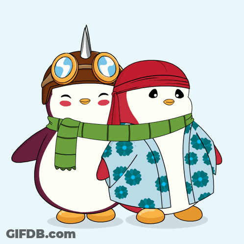 A Couple Of Penguins One Wearing A Hat And Scarf GIF