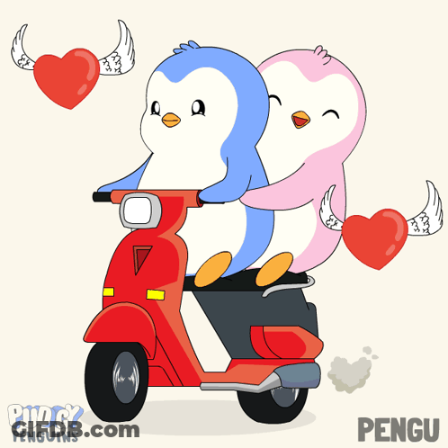 Penguins Riding Scooter With Hearts Behind Them GIF