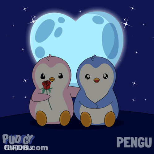 A Couple Of Penguins Sitting In Front Of A Heart Shaped Moon And The Word Pengu On The Bottom GIF