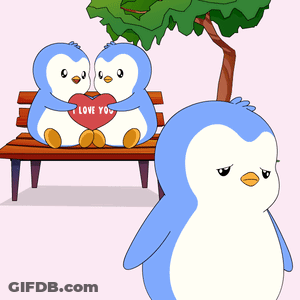 A Couple Of Penguins Sitting On A Bench Holding A Red Heart That Says I Love You GIF