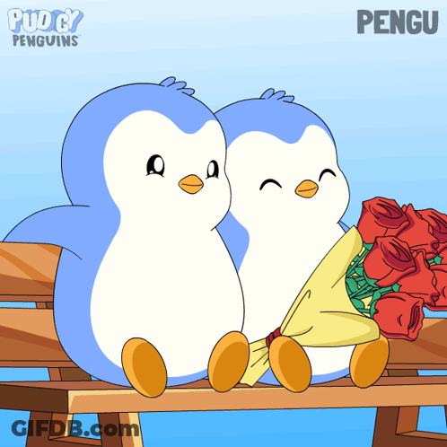 A Couple Of Penguins Sitting On A Bench With The Word Pengu On The Bottom Right GIF
