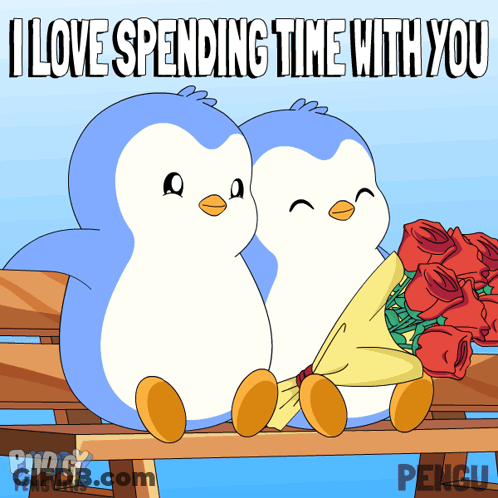 A Couple Of Penguins Sitting On A Bench With The Words " I Love Spending Time With You " Below Them GIF