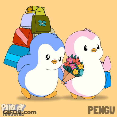 A Couple Of Penguins Standing Next To Each Other With The Name Pengu On The Bottom GIF