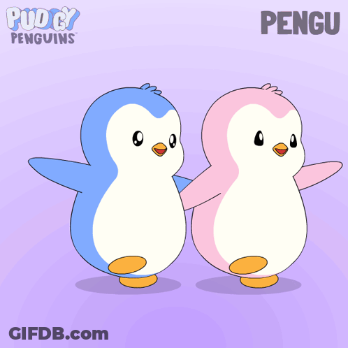 A Couple Of Penguins Standing Next To Each Other With The Word Pengu On The Bottom Right GIF